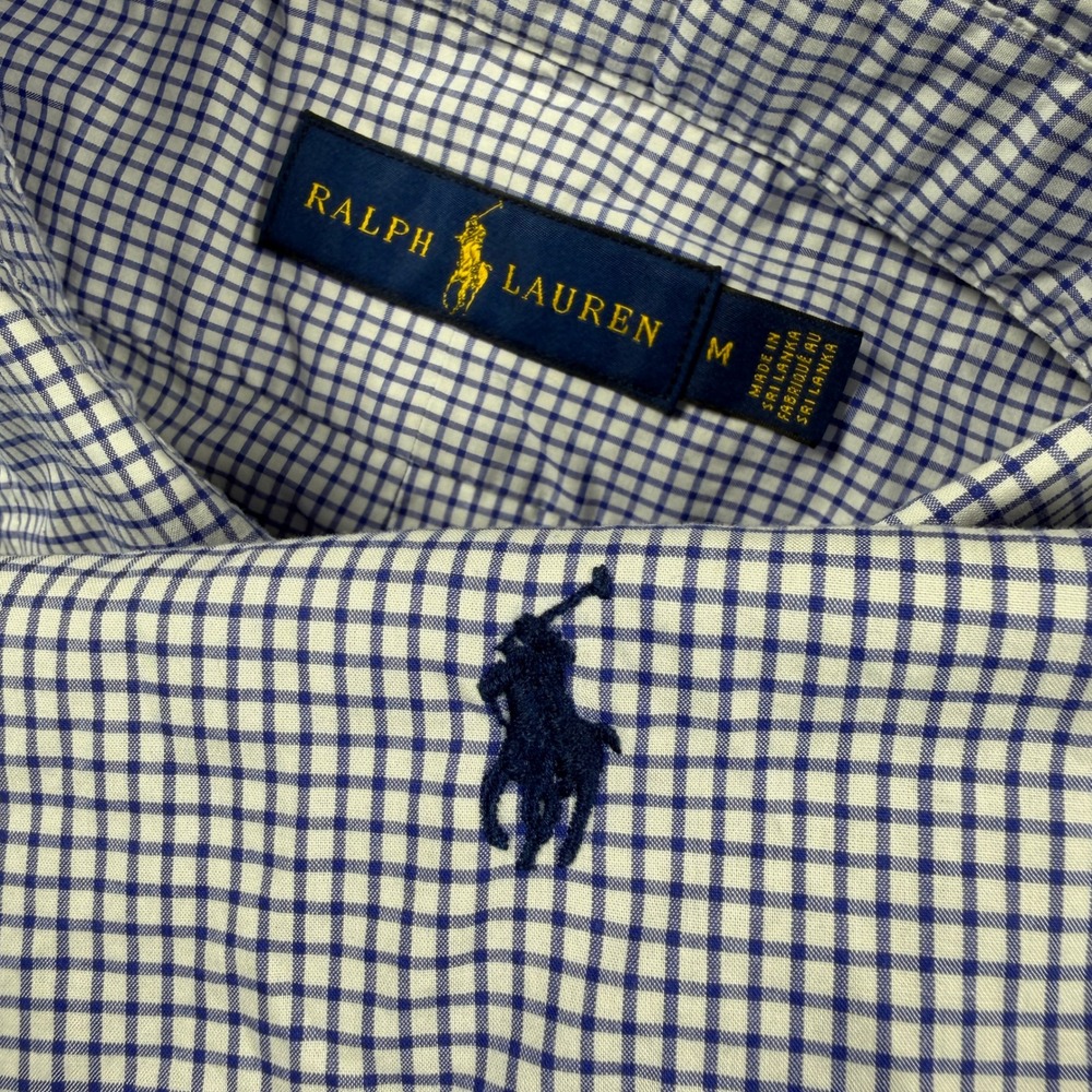 Ralph Lauren Mens Blue Gingham Check Button Down Shirt Medium Long Sleeve Cotton